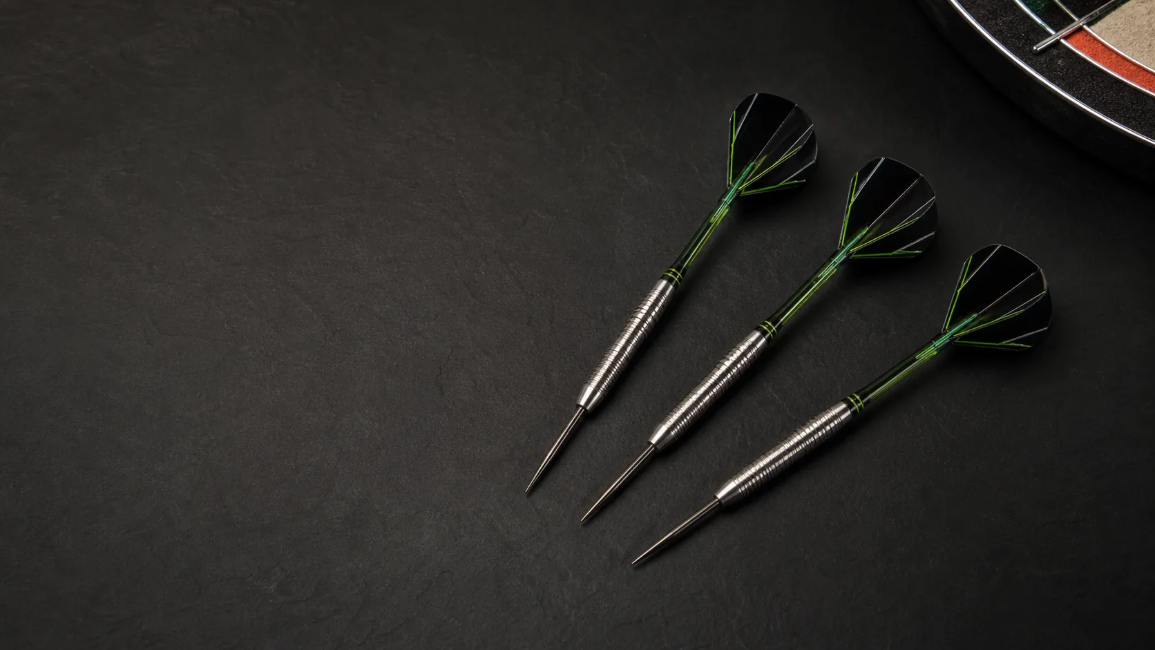 Steel-tip darts with detailed barrels, shafts and flights