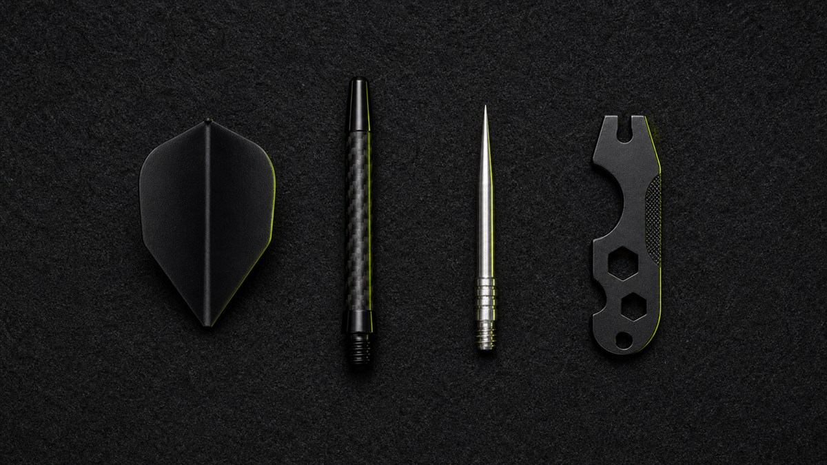 Dart flights, shafts and accessories arranged for comparison