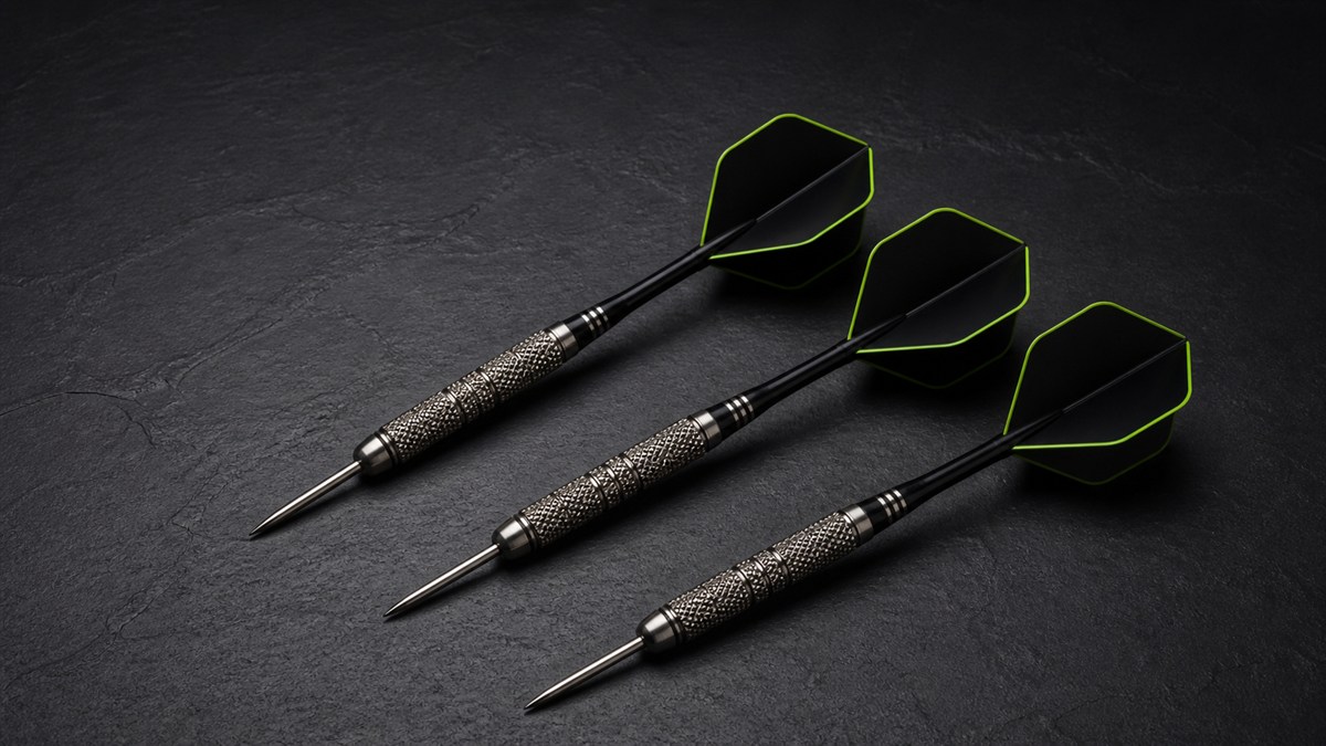 Close view of steel-tip darts and barrels