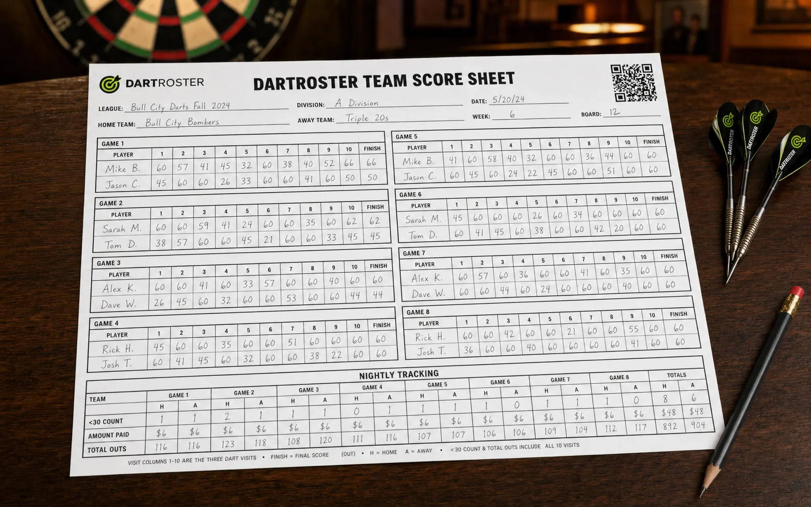 Advanced eight-game DartRoster X01 team score sheet with ten visits, finish columns, QR mapping and nightly tracking